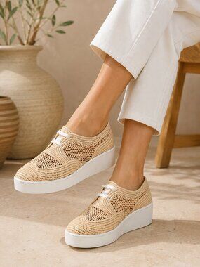 Clergerie Women's Lisa Woven Natural Raffia Wedge Platform Oxfords Shoe Sz. 39